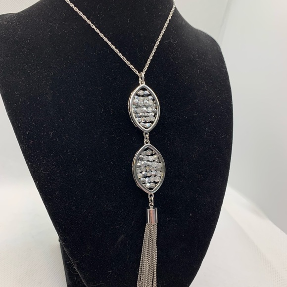 Silver Beaded Long Necklace with Tassels - Picture 2 of 7